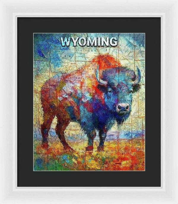 Wyoming Colorful Bison And Map - Framed Print