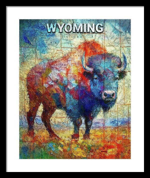 Wyoming Colorful Bison And Map - Framed Print