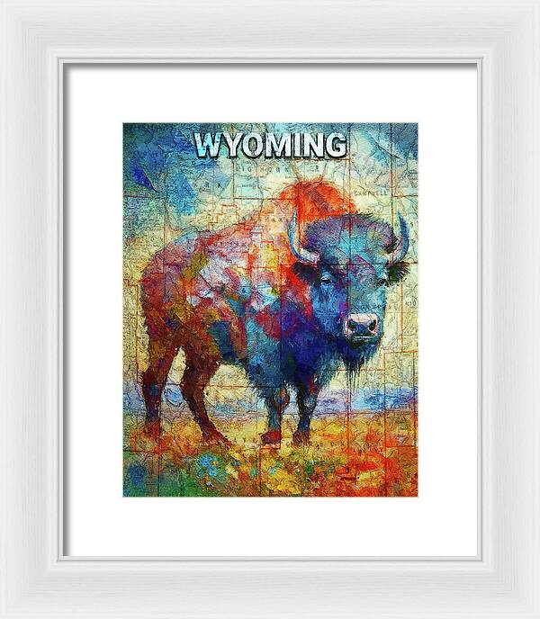 Wyoming Colorful Bison And Map - Framed Print