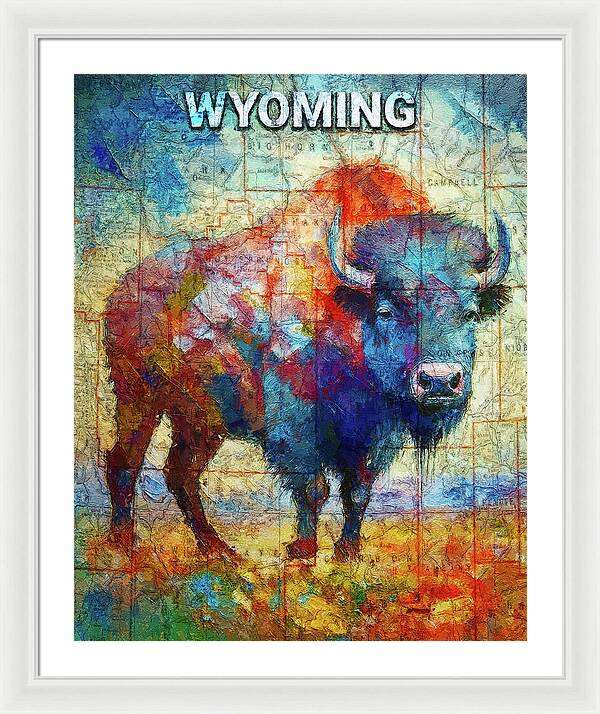 Wyoming Colorful Bison And Map - Framed Print