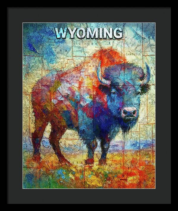 Wyoming Colorful Bison And Map - Framed Print