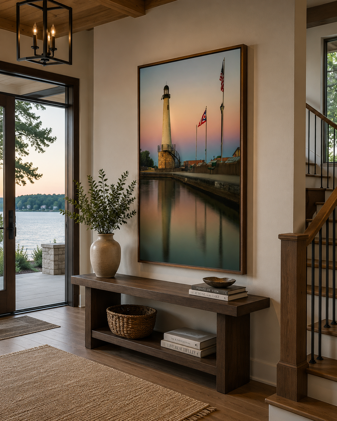 Celina Ohio lighthouse sunrise artwork framed in a warm lake house entryway by Dan Sproul