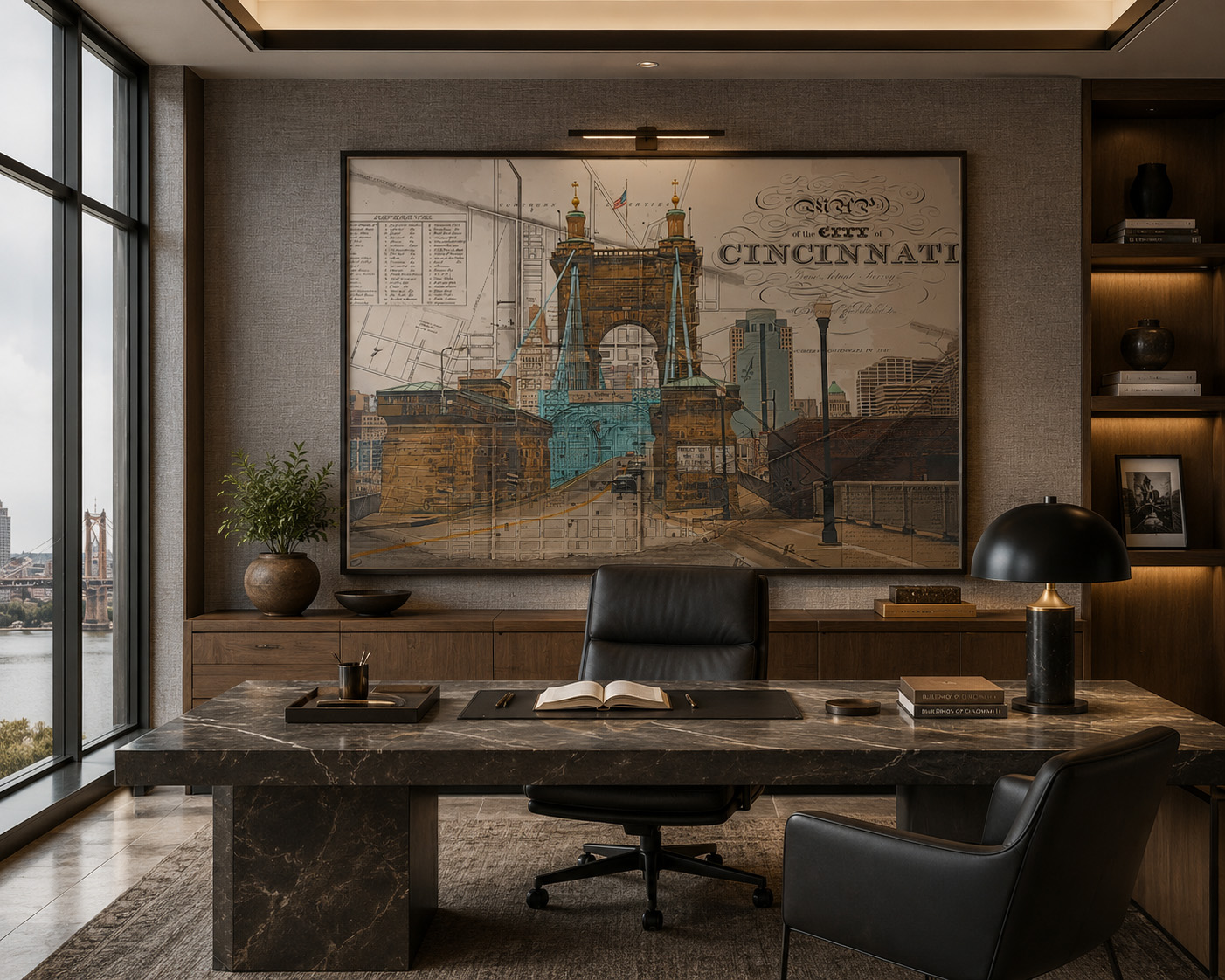 Cincinnati Ohio Bridge and Map mixed media artwork displayed in an interior design mockup