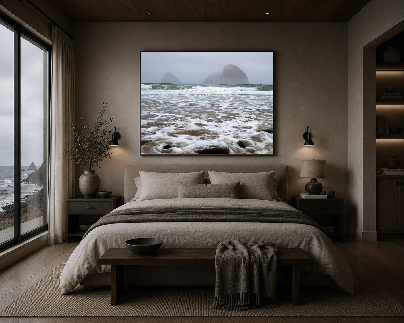 Moody coastal photography in luxury bedroom interior by Dan Sproul