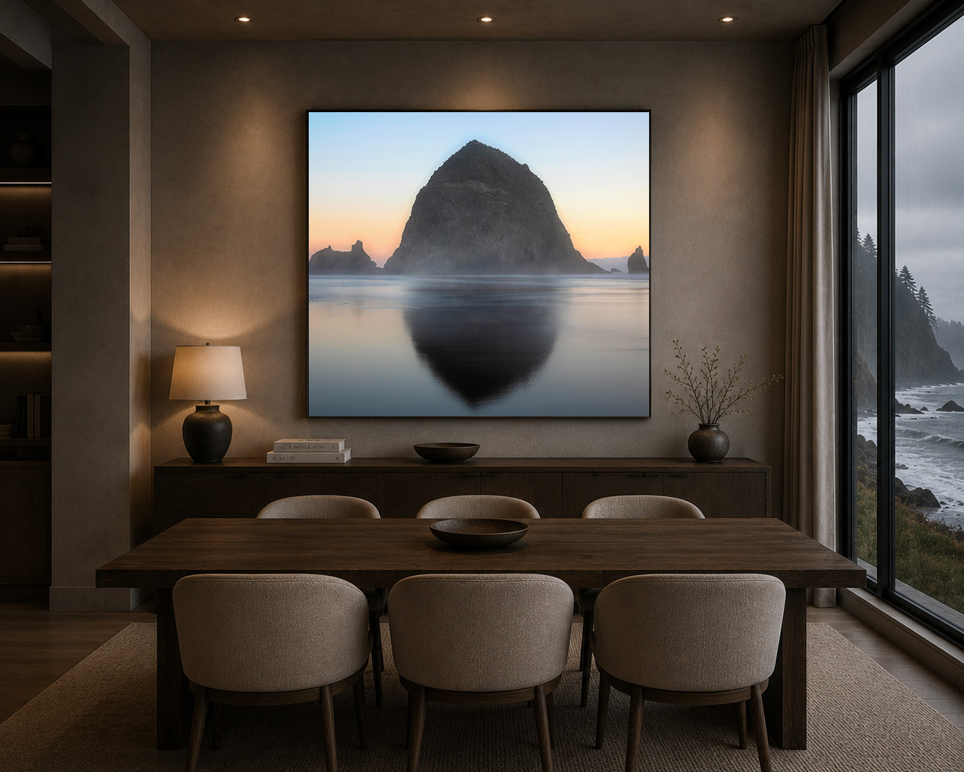 Large framed coastal photography above dining room console by Dan Sproul