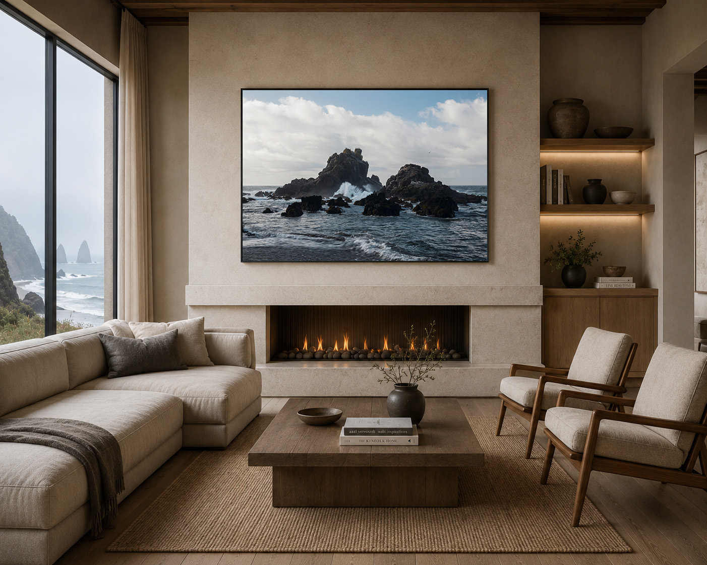 Coastal sea stack artwork above fireplace in luxury living room by Dan Sproul