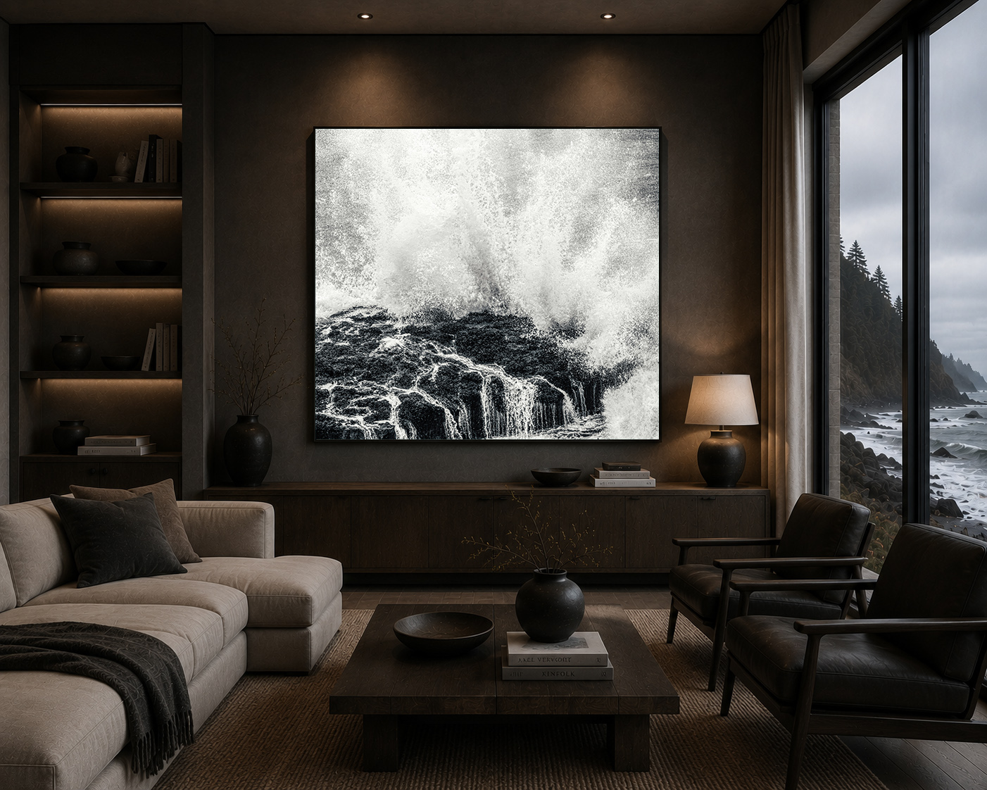 Black and white coastal surf wall art in moody living room by Dan Sproul