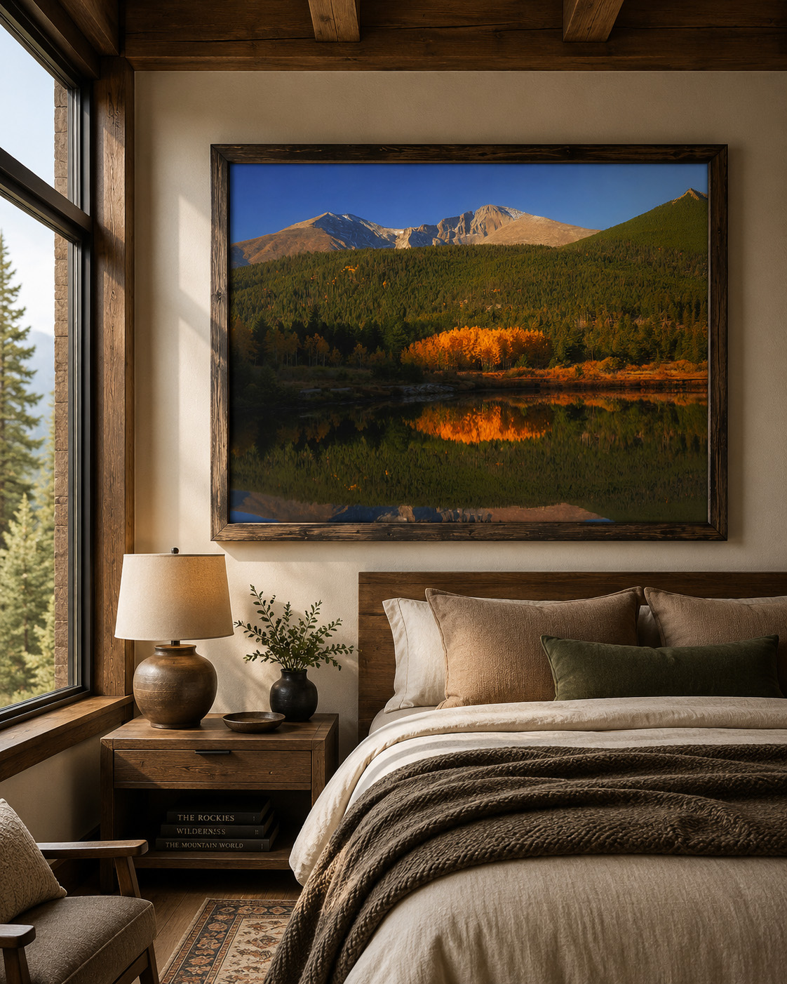 Colorado mountain reflection photography in mountain bedroom interior