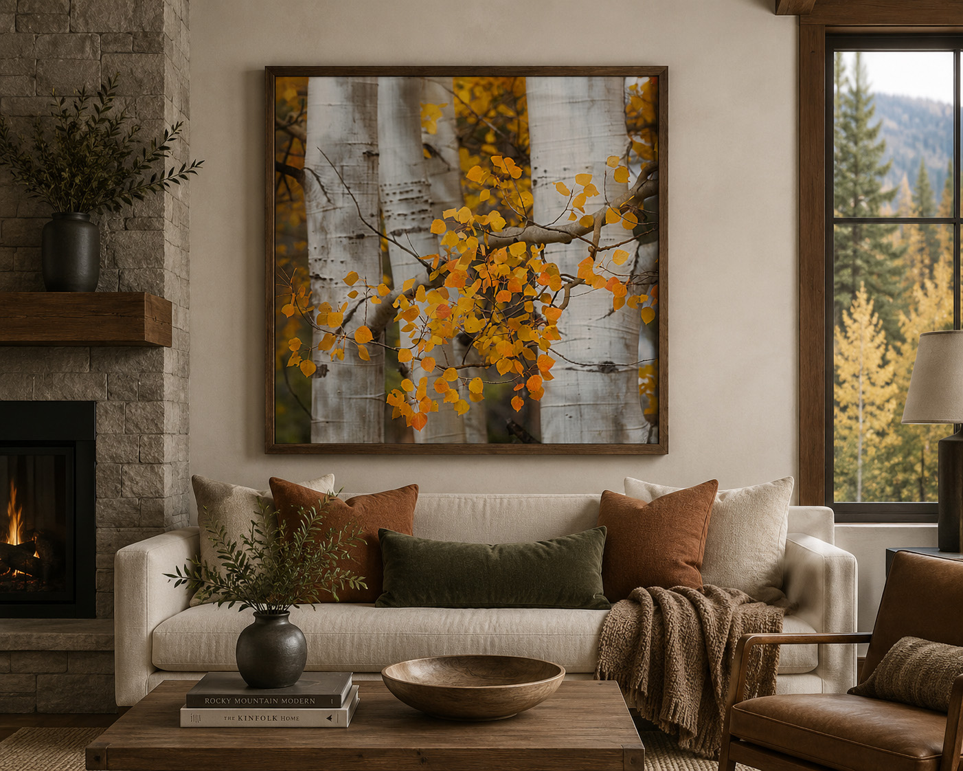 Colorado aspen leaves photography in warm residential living room