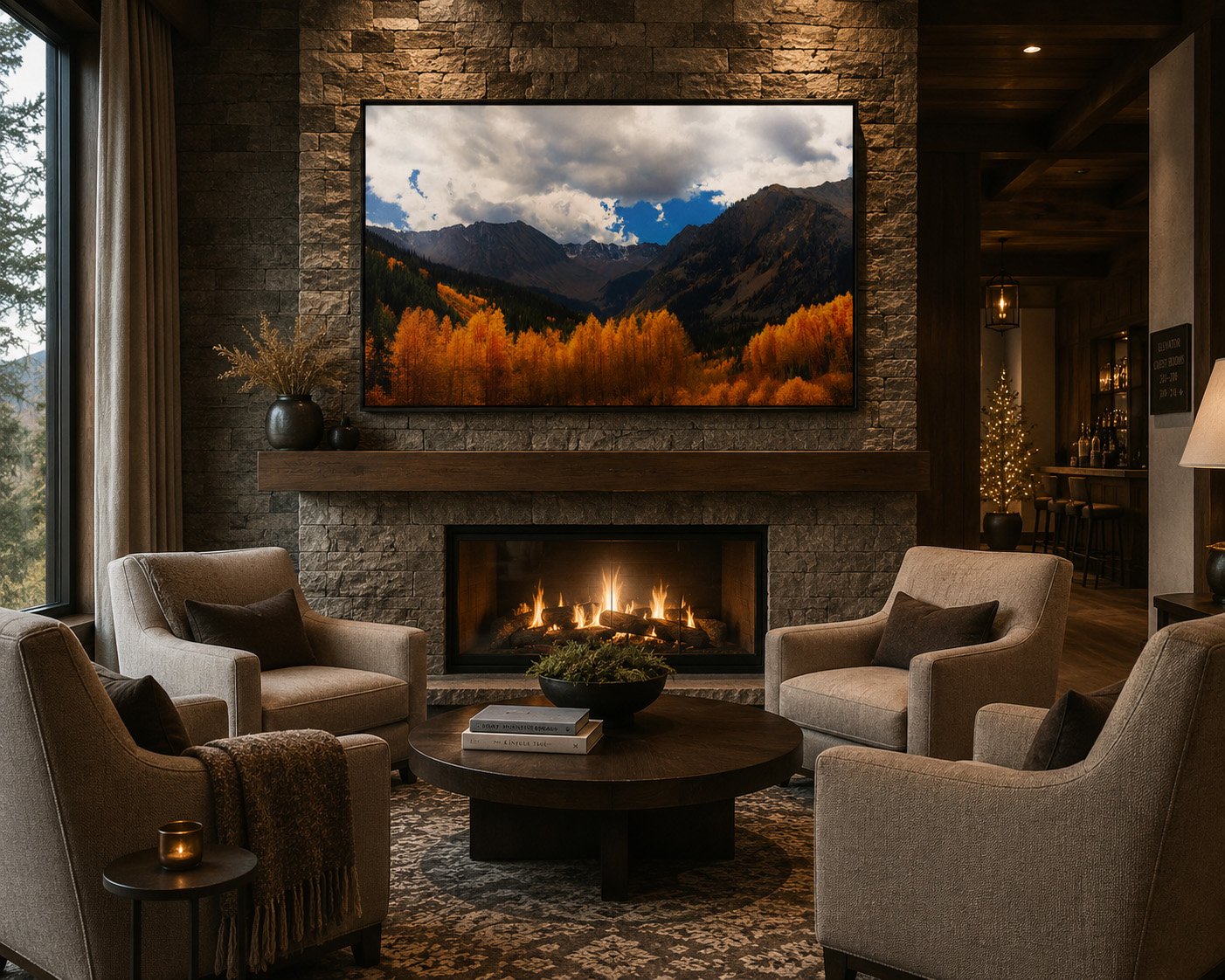 Colorado autumn mountain photography above fireplace in luxury lodge interior