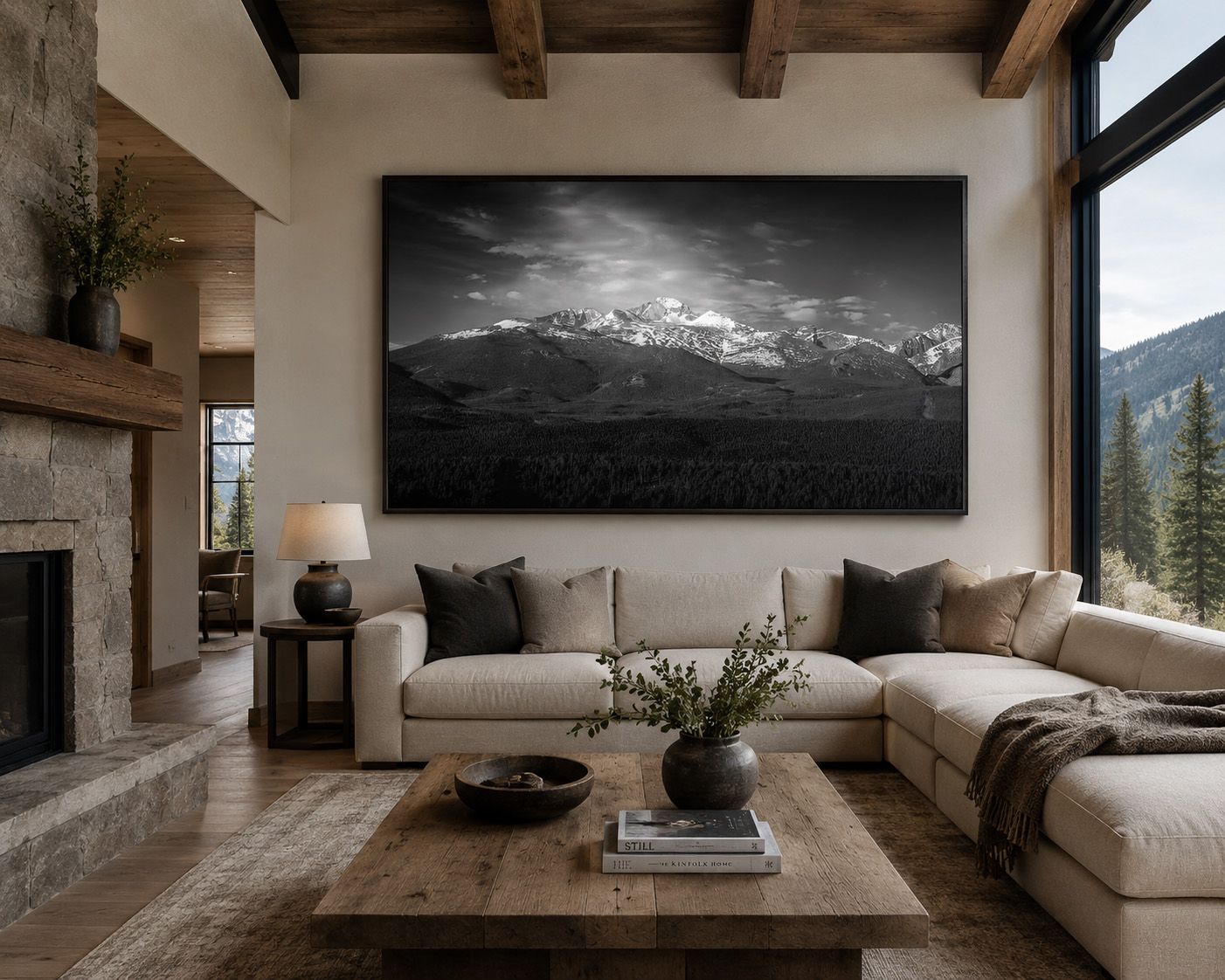 Black and white Colorado mountain photography in luxury residential living room