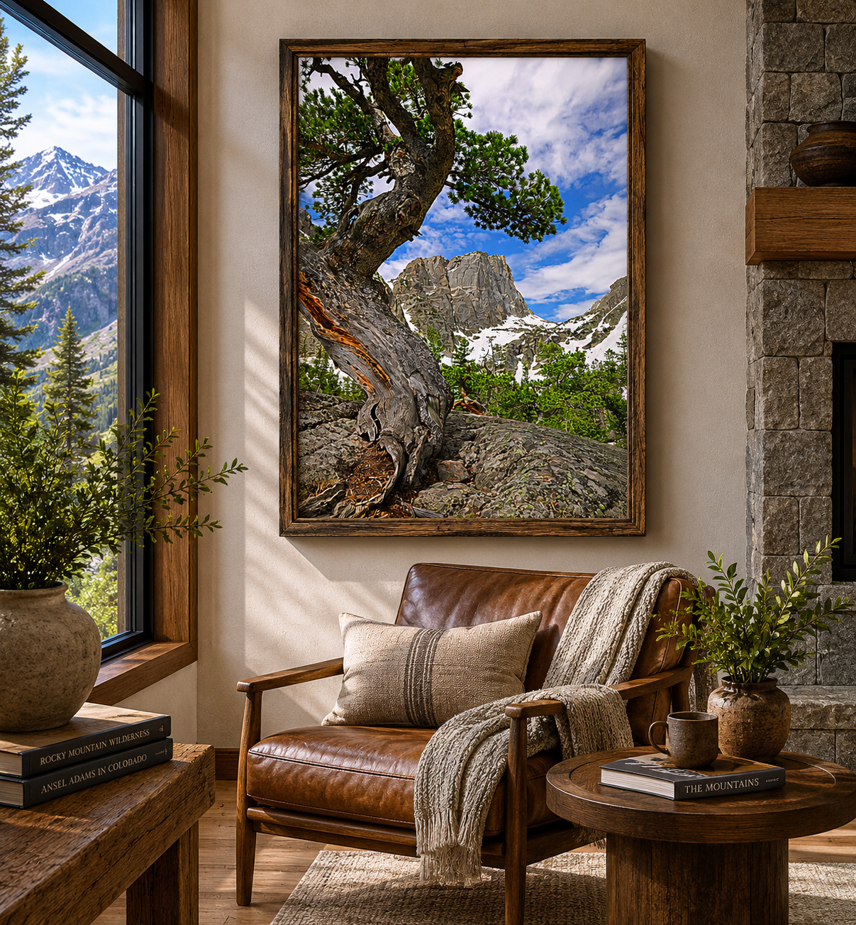 Colorado mountain landscape artwork in rustic modern residential interior