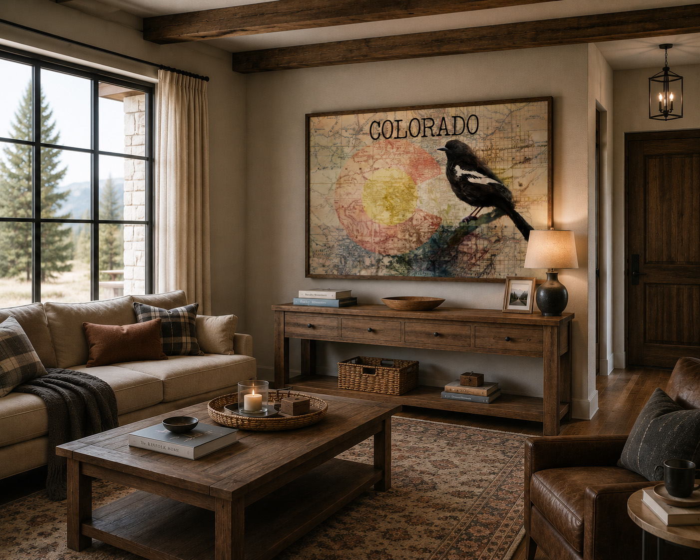 Colorado State Map &amp; Lark Bunting mixed media artwork displayed in an interior design mockup