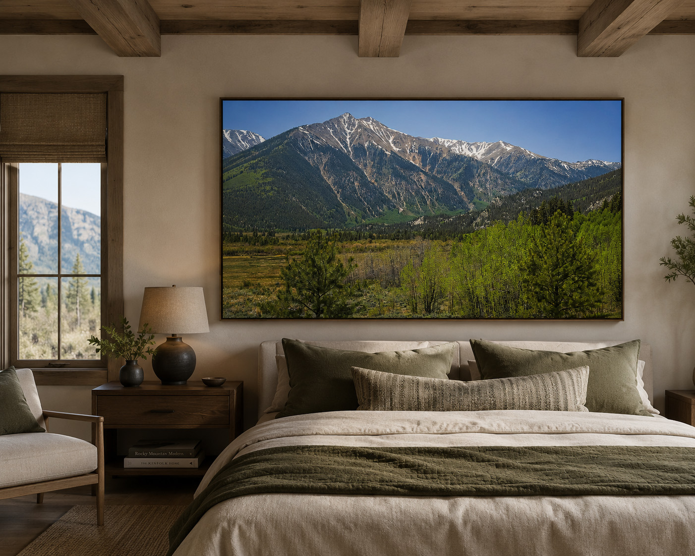 Colorado summer mountain landscape photography above bed in residential interior
