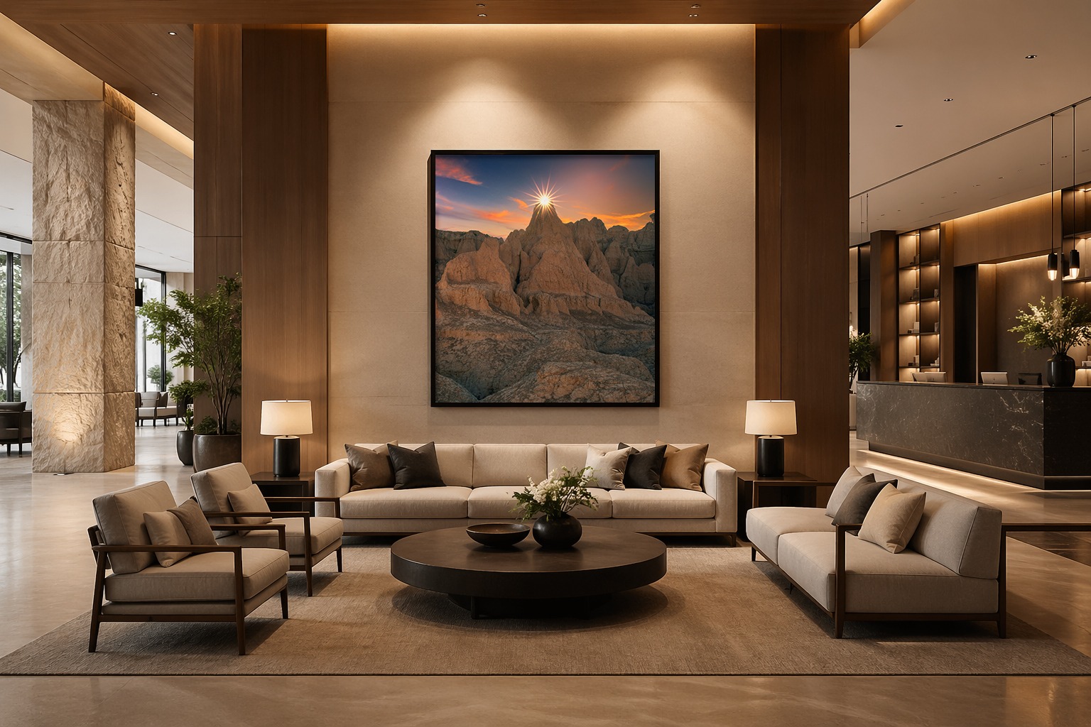 Large framed artwork in hospitality lobby