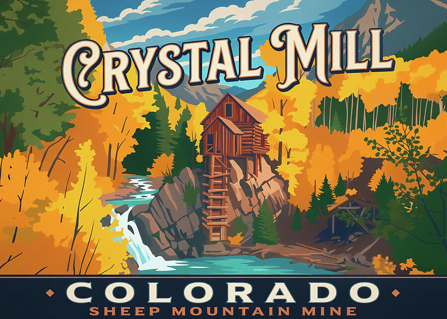 Crystal Mill Colorado autumn landscape vintage travel poster print