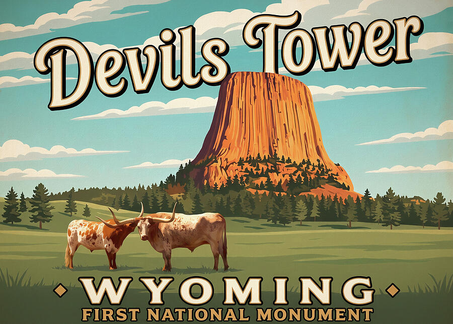 Devils Tower Wyoming longhorn cattle vintage travel poster print