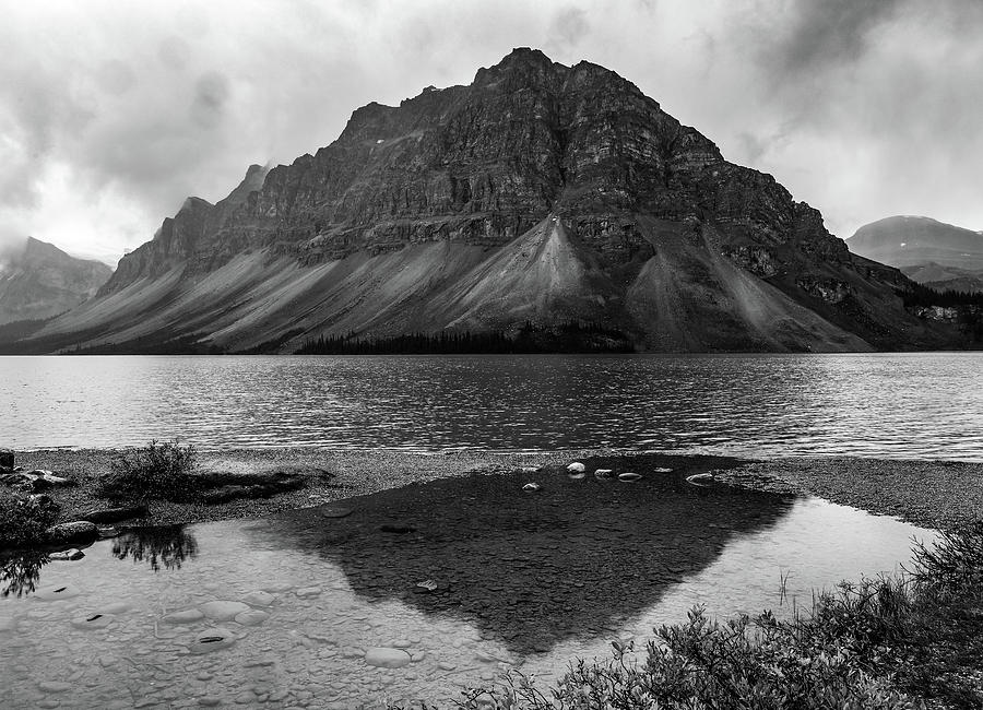 Black and white Bow Lake mountain reflection photography by Dan Sproul for healthcare and office wall art