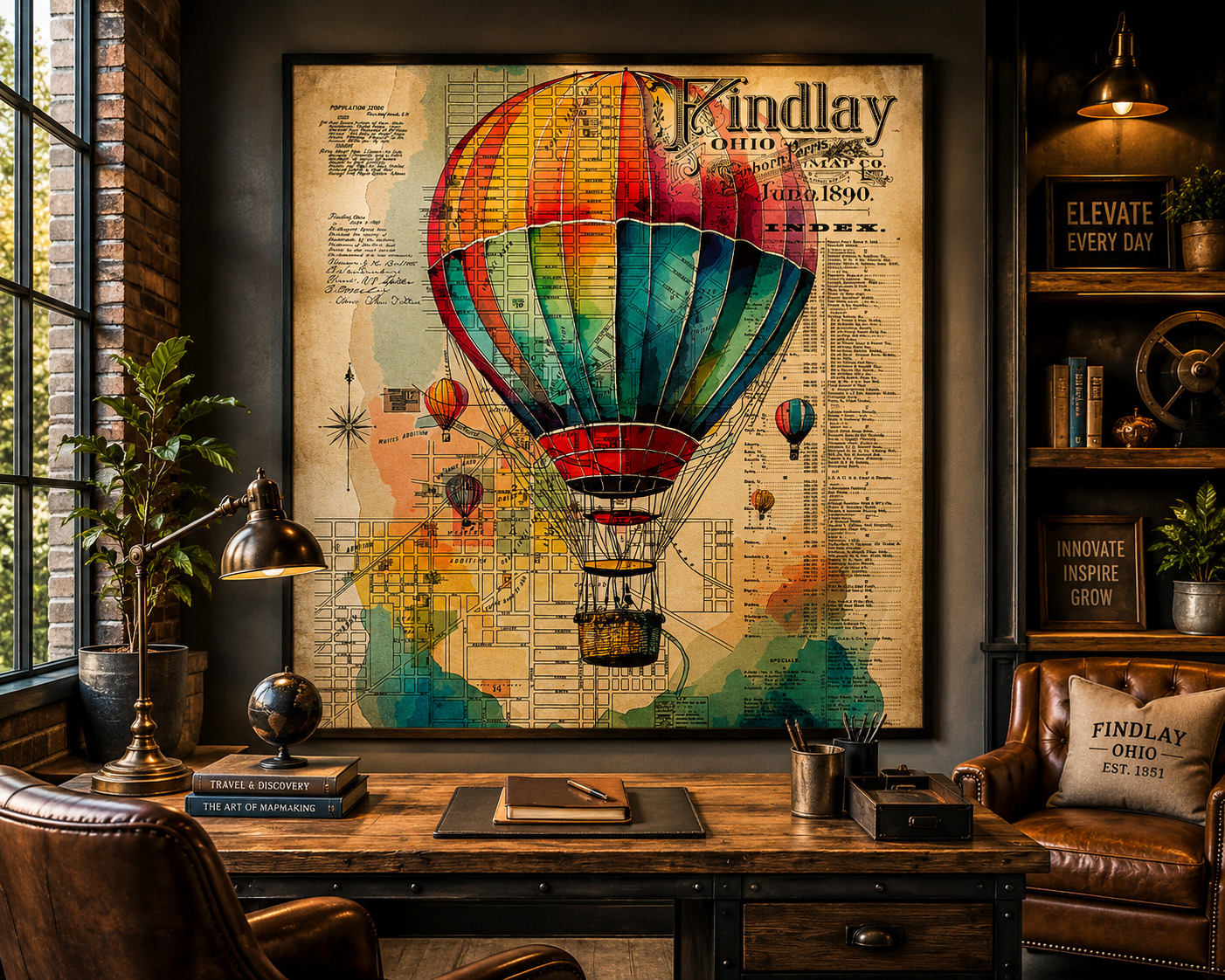 Findlay Ohio Hot Air Balloon mixed media artwork displayed in an interior design mockup