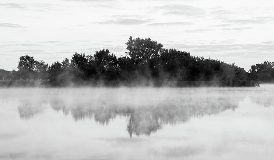Black and white foggy lake reflections at Ottawa Metro Park in Lima Ohio