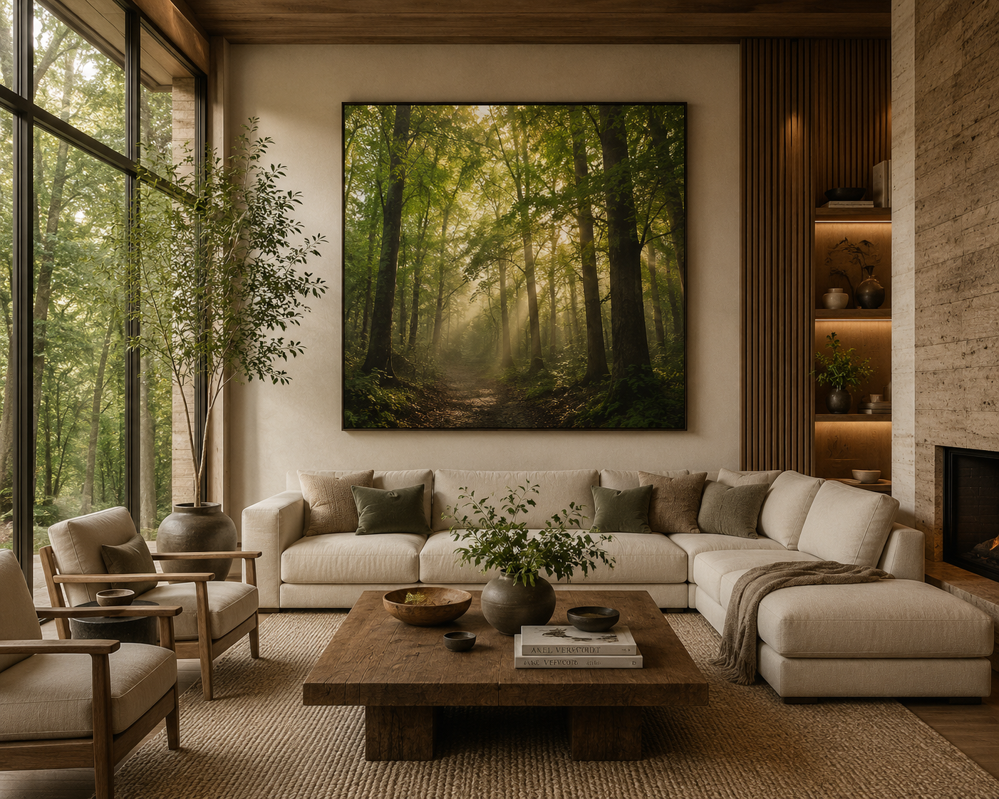 Vertical blank forest artwork mockup above bed in warm wellness bedroom by Dan Sproul
