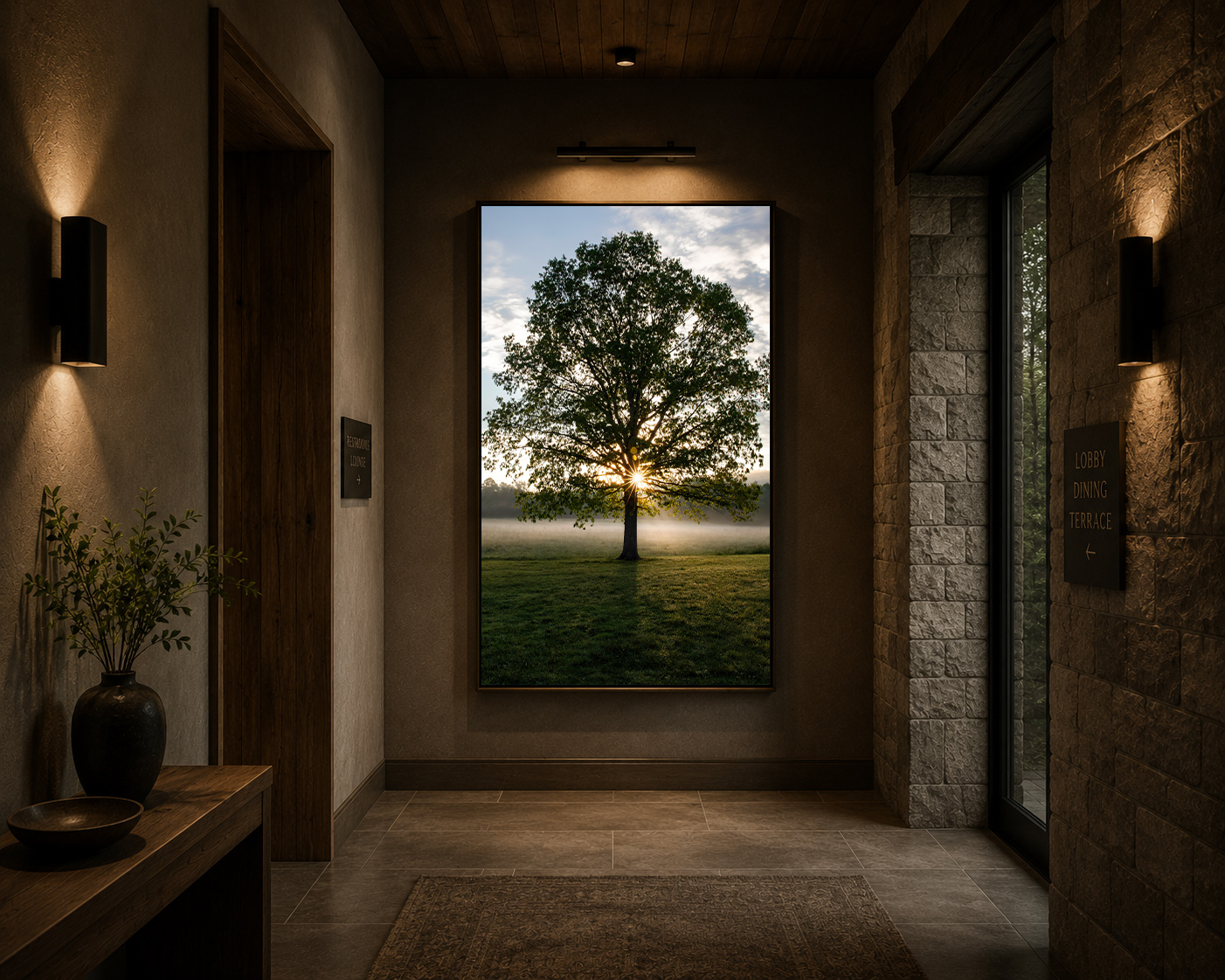 Vertical forest photography in moody modern hospitality corridor by Dan Sproul