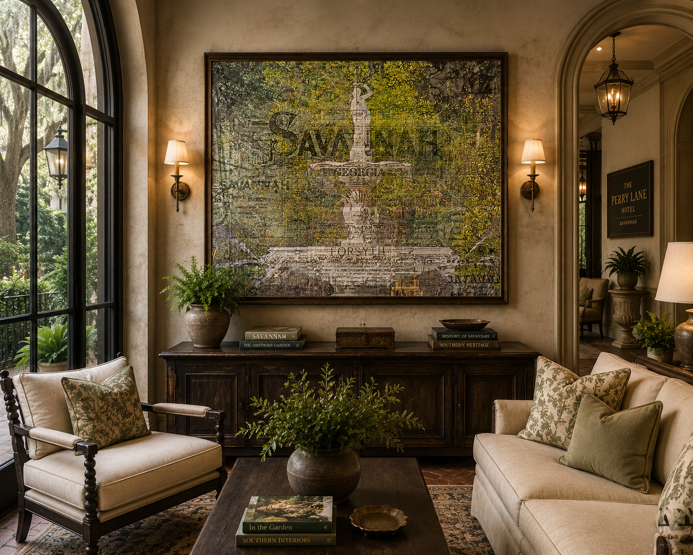 Forsyth Park Savannah Map Art mixed media artwork displayed in an interior design mockup