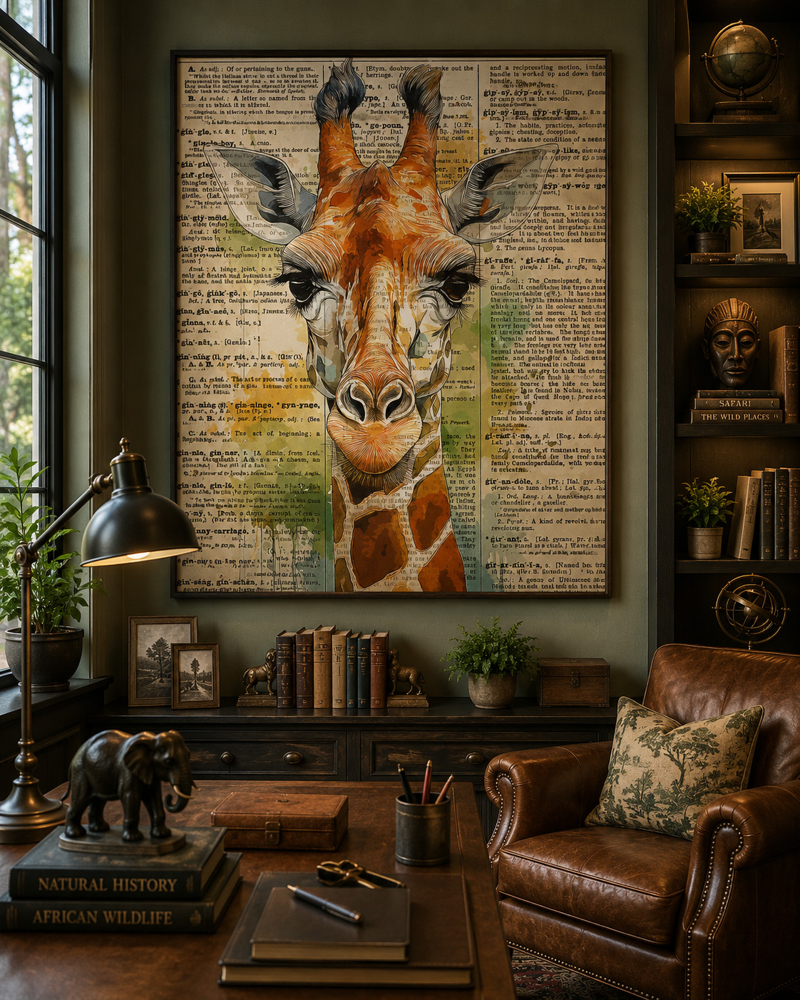 Giraffe Dictionary Page mixed media artwork displayed in an interior design mockup
