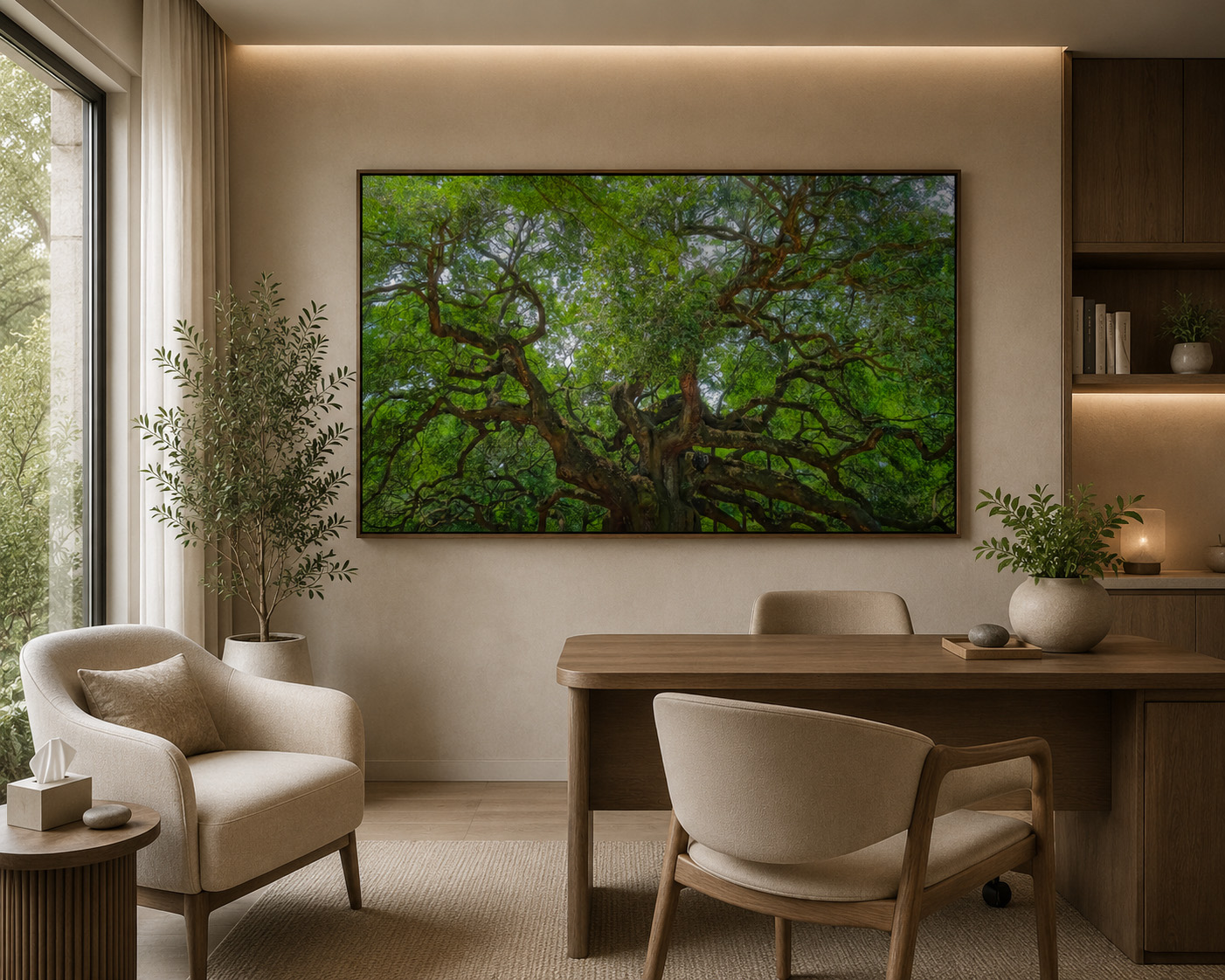 Senior living consultation room with green tree canopy artwork by Dan Sproul