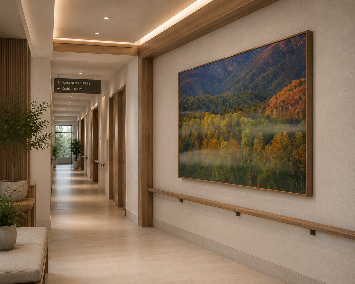 Healthcare corridor with autumn forest mountain artwork by Dan Sproul