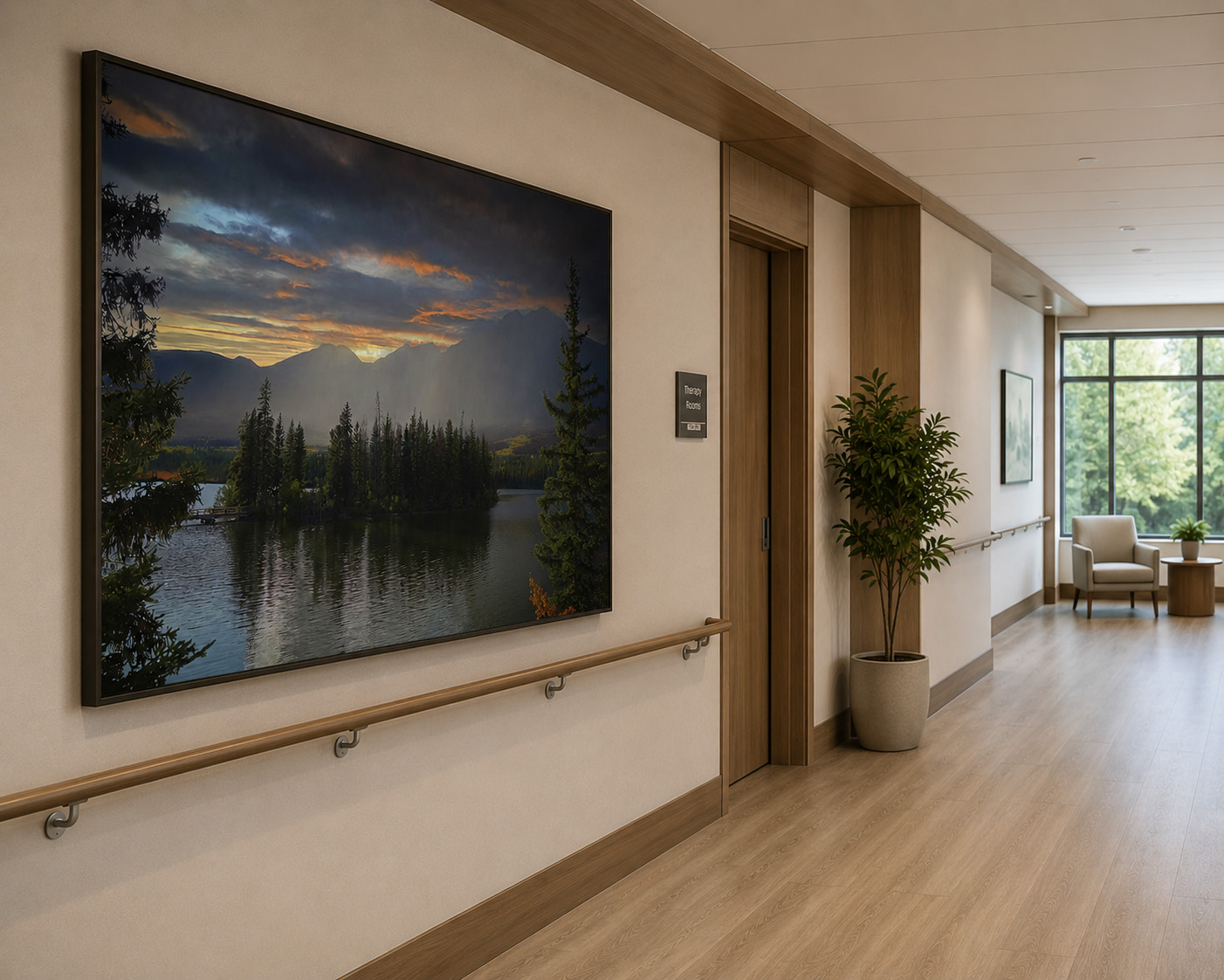 Healthcare corridor with large mountain lake sunrise landscape artwork by Dan Sproul