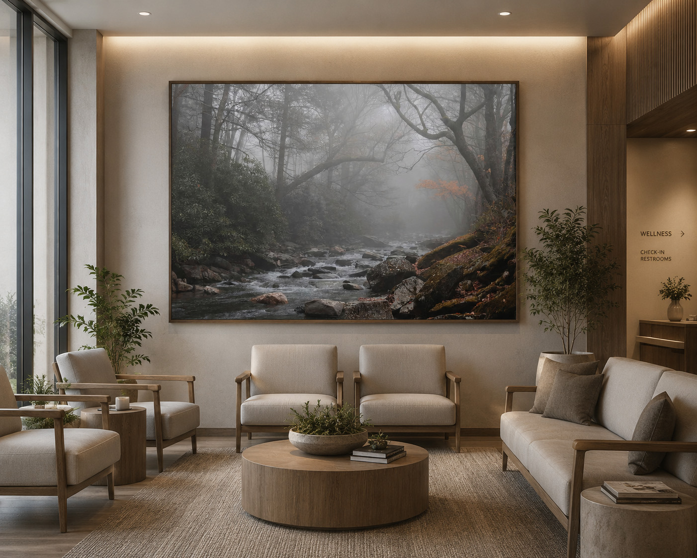 Senior living reception area with foggy river forest artwork by Dan Sproul