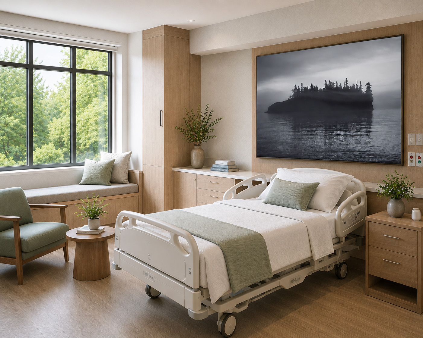 Patient room with quiet foggy island landscape photography by Dan Sproul