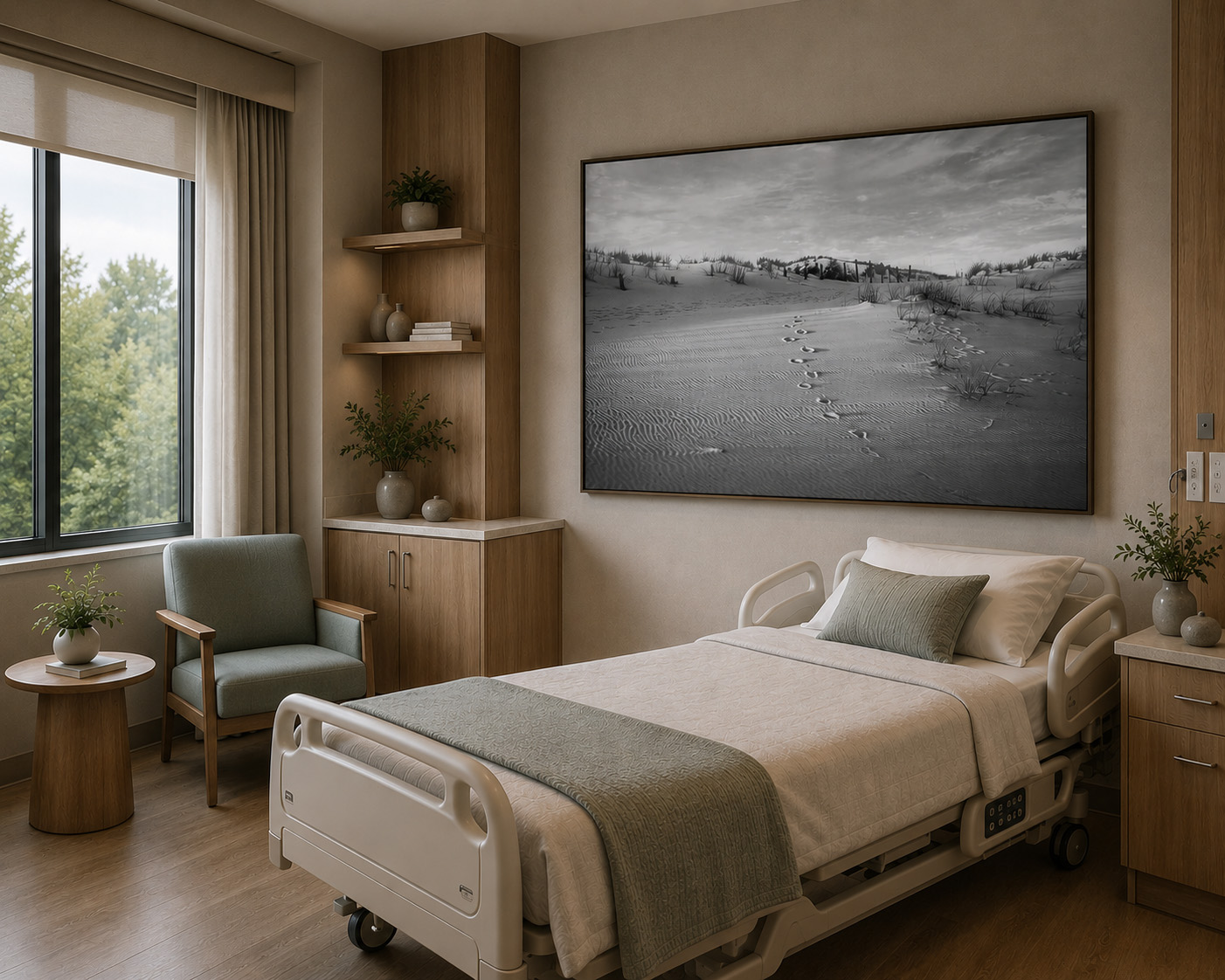 Patient room with black and white sand dune path artwork by Dan Sproul