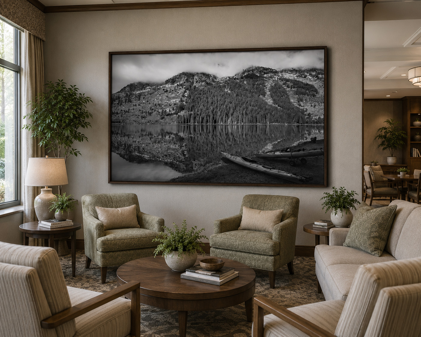 Senior living lounge with Foggy Hyatt Lane photography by Dan Sproul