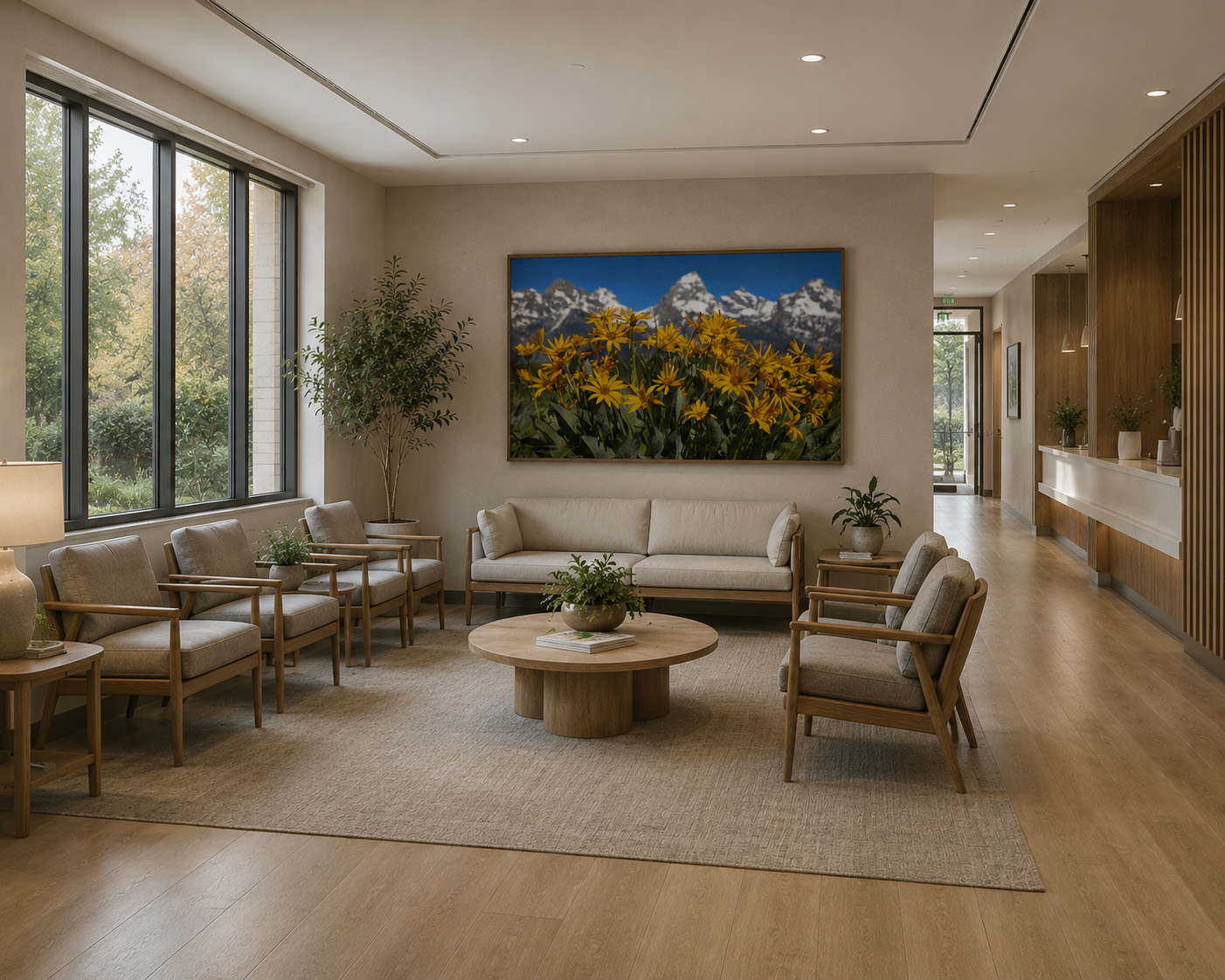 Senior living gathering area with warm wildflower mountain artwork by Dan Sproul
