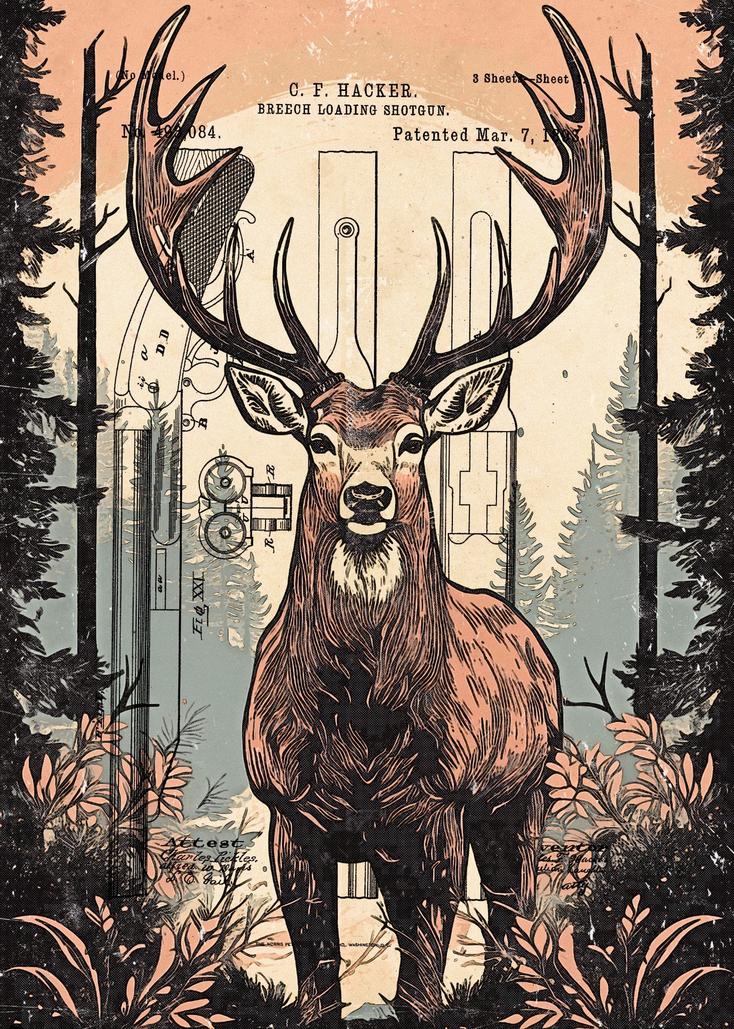 Deer Hunter Shotgun Patent rustic sporting patent wall art by Dan Sproul
