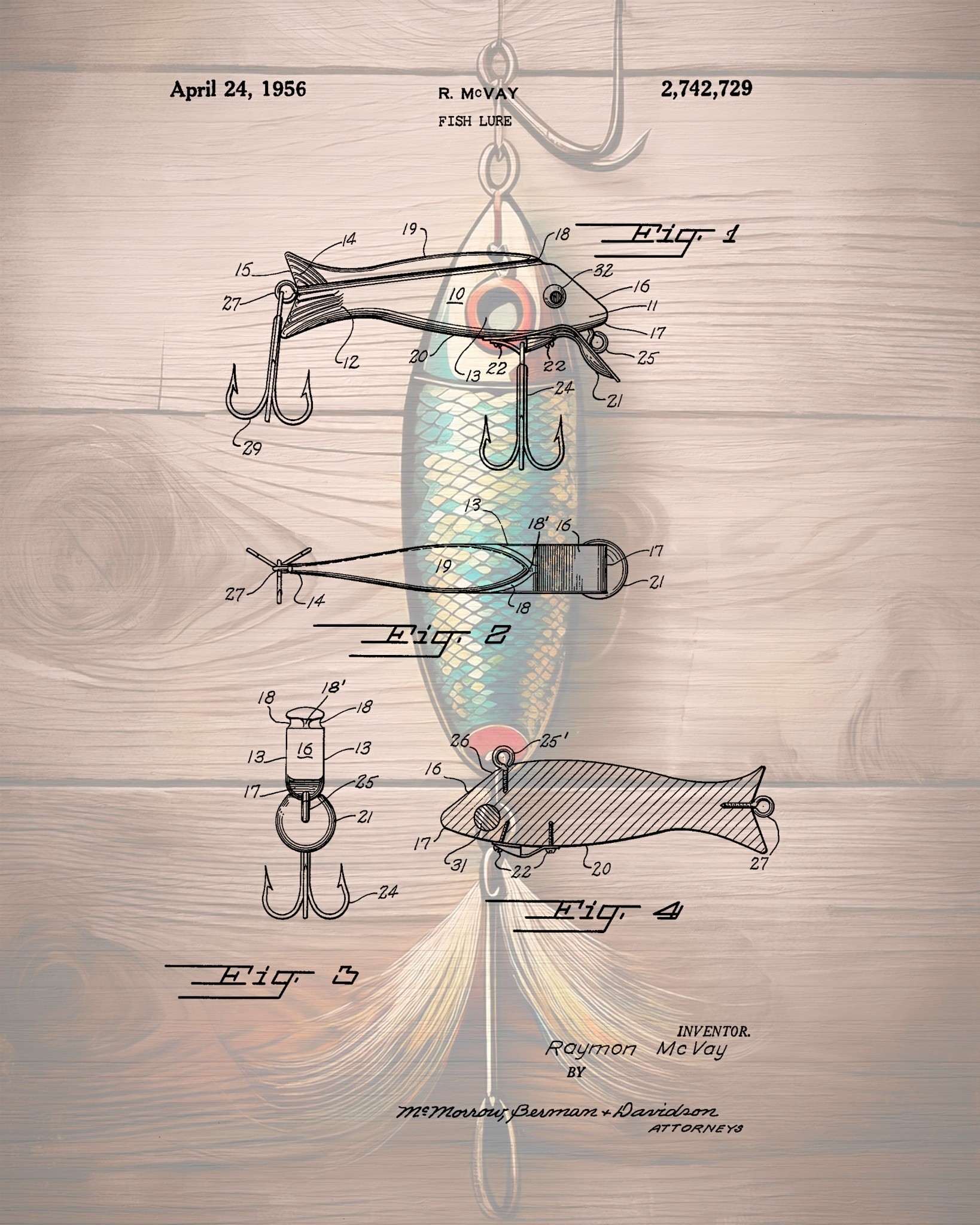 1956 Fish Lure Patent rustic sporting patent wall art by Dan Sproul
