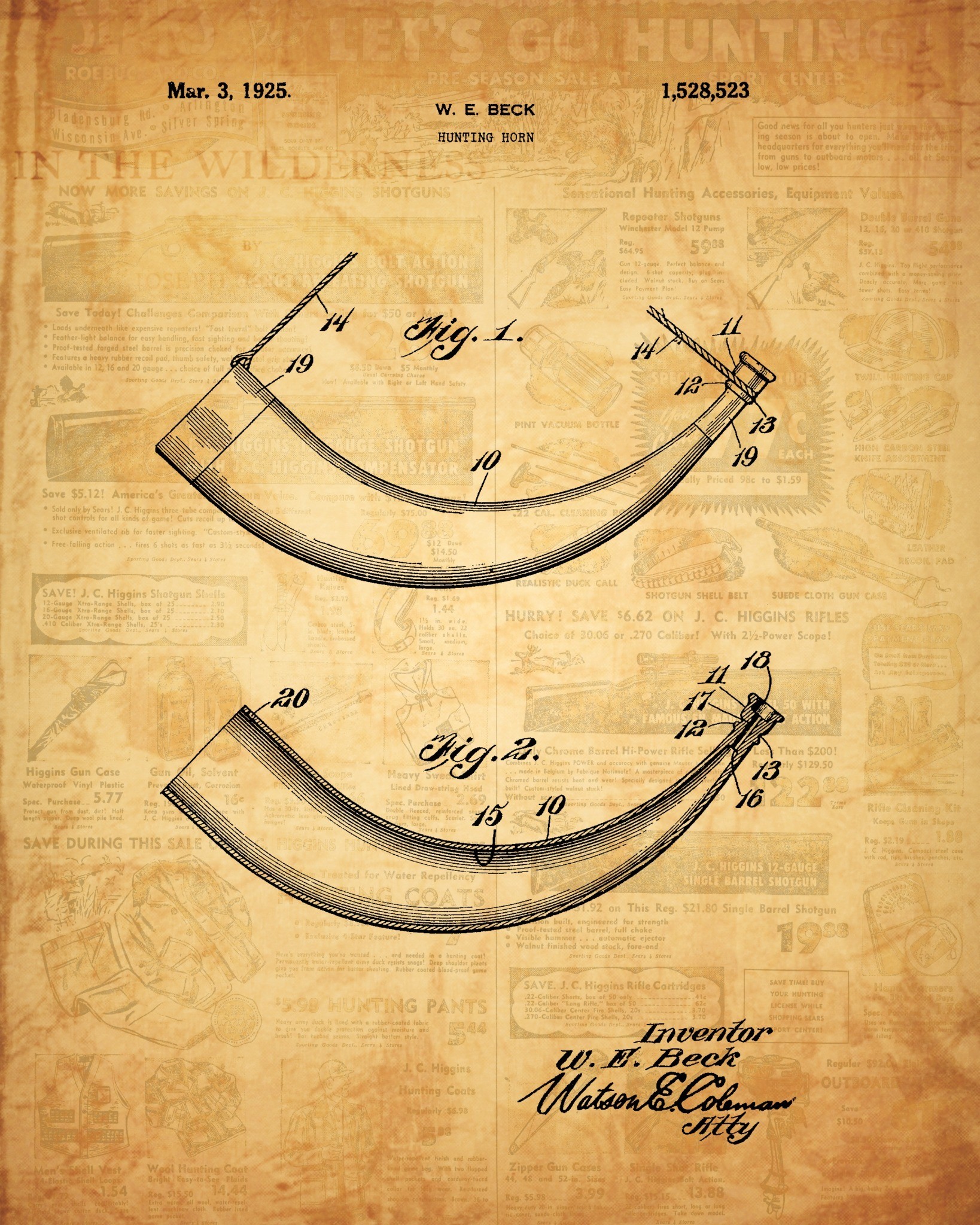1925 Hunting Horn Patent rustic sporting patent wall art by Dan Sproul