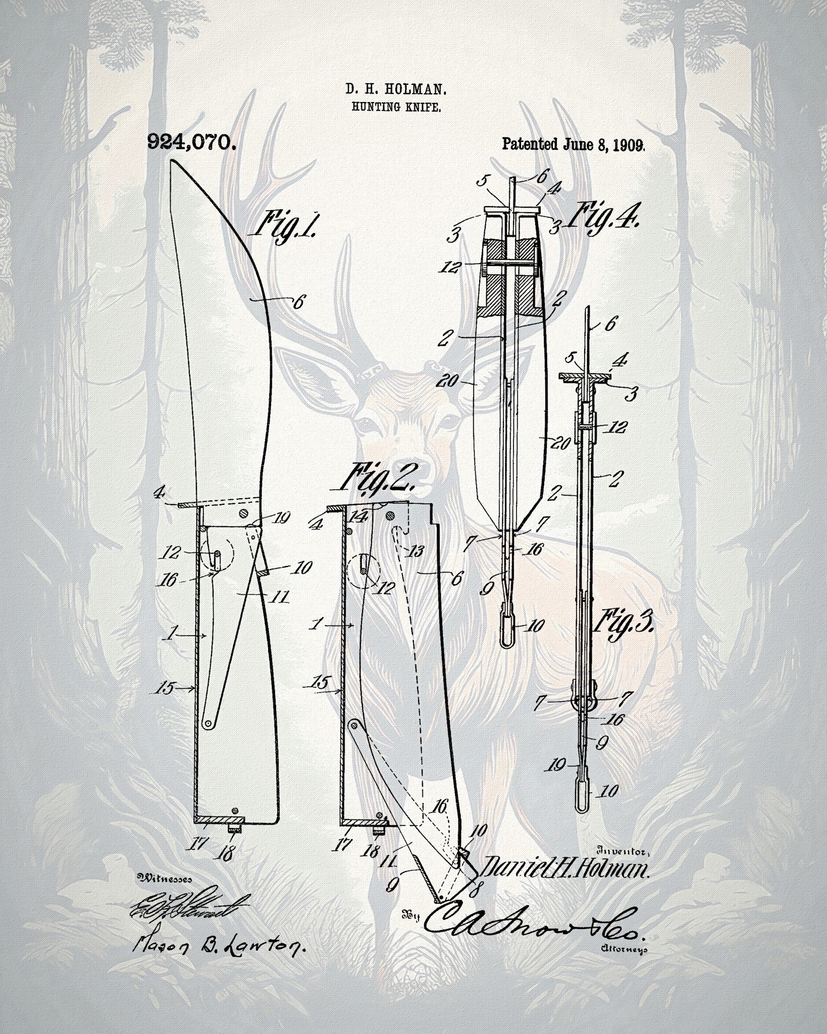 1909 Hunting Knife Patent rustic sporting patent wall art by Dan Sproul
