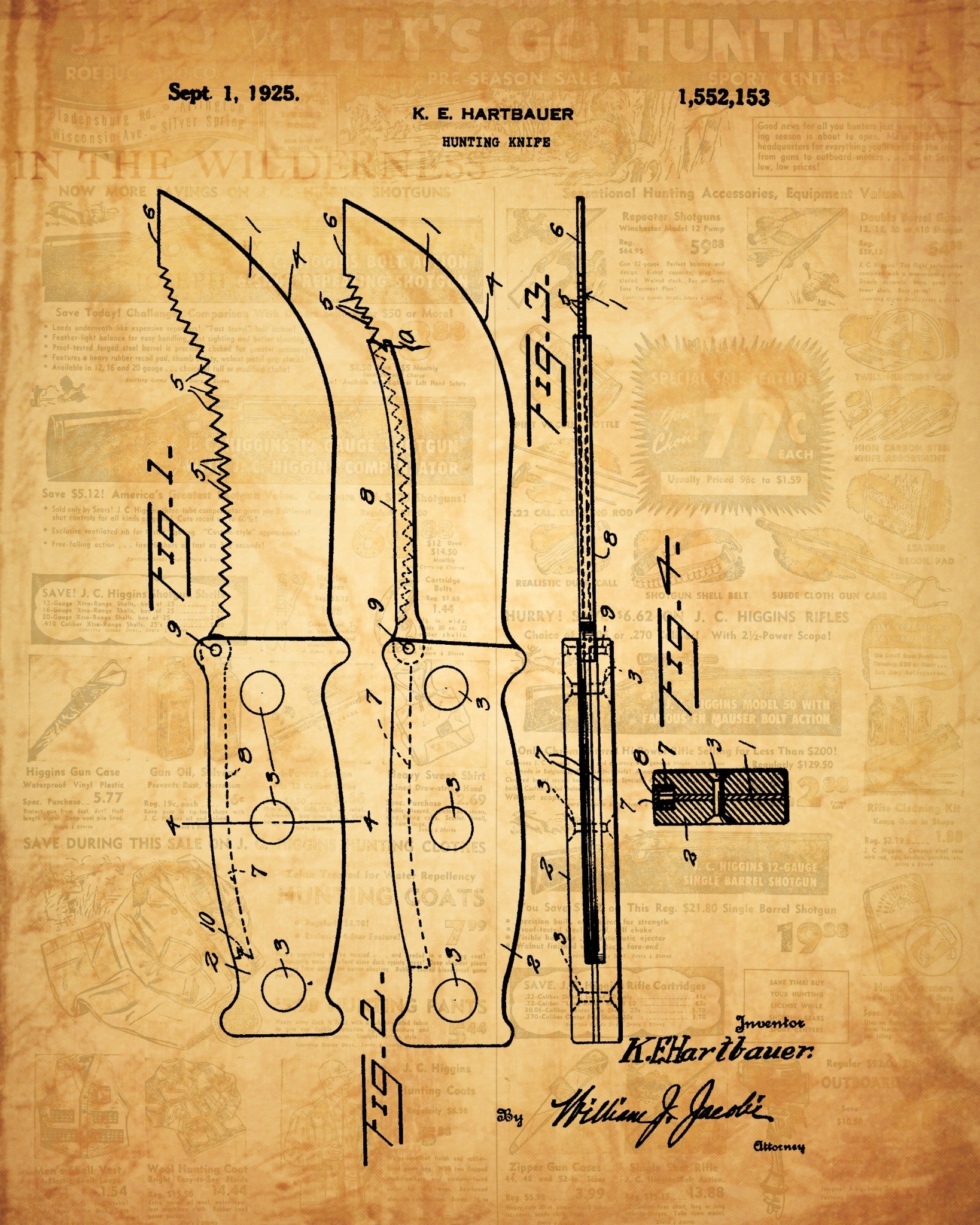 1925 Hunting Knife Patent rustic sporting patent wall art by Dan Sproul