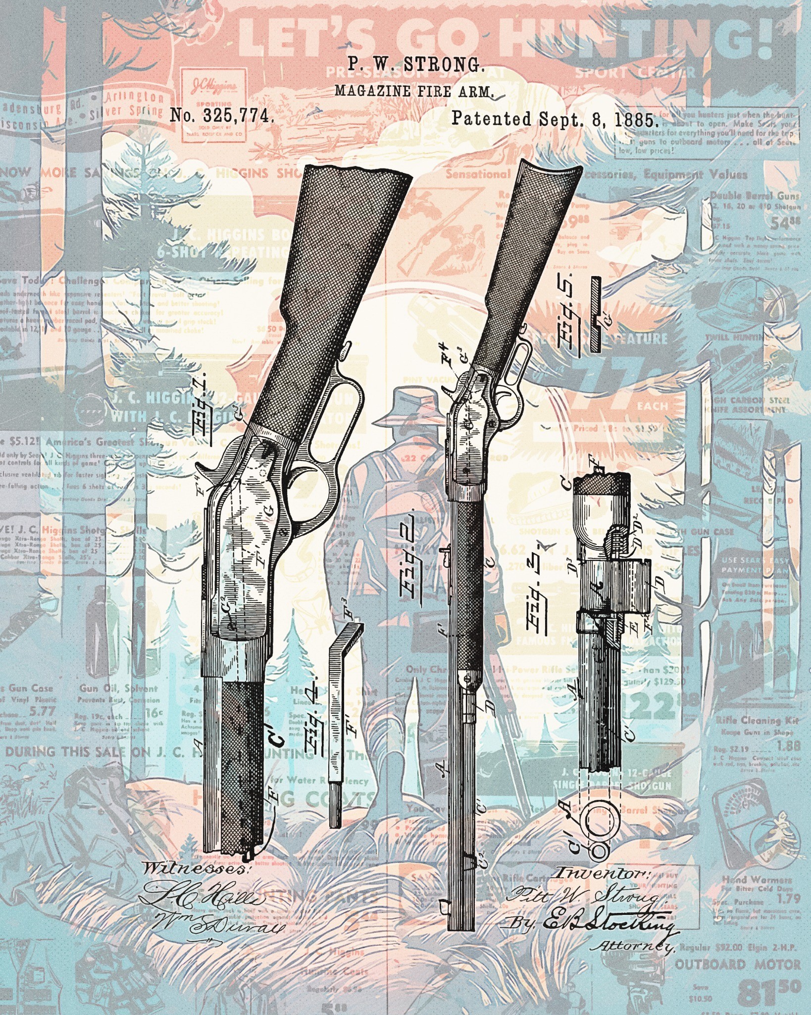 1885 Hunter Rifle Patent rustic sporting patent wall art by Dan Sproul