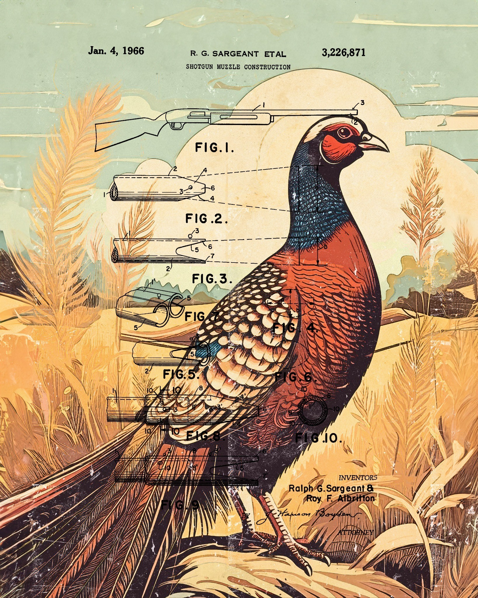 Pheasant Hunting Shotgun rustic sporting patent wall art by Dan Sproul