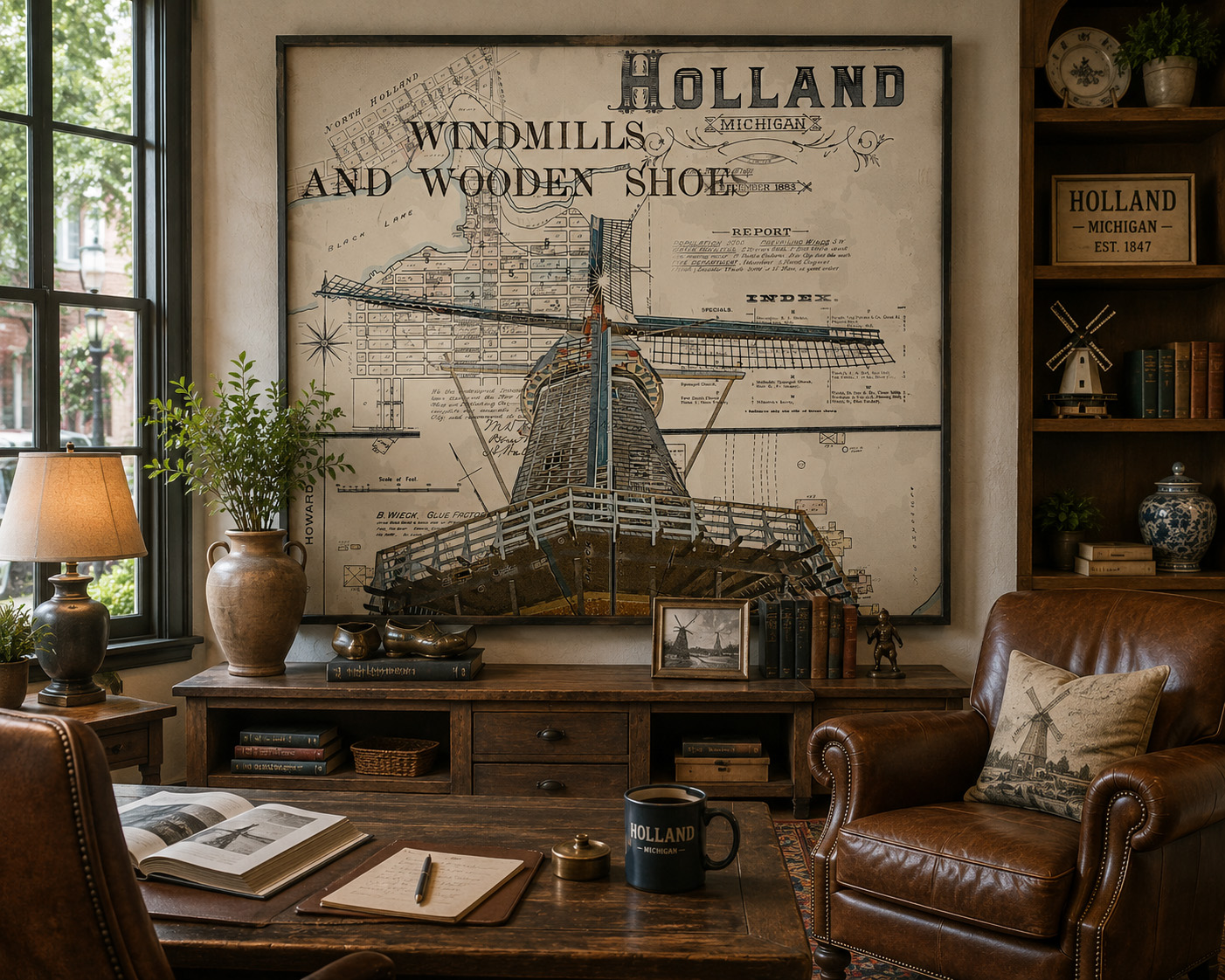 Holland Michigan Windmill &amp; Map mixed media artwork displayed in an interior design mockup
