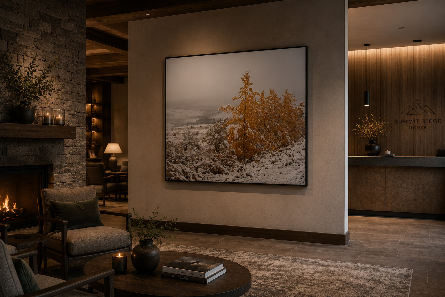 Yellow foliage Denali winter transition artwork installed in a boutique lodge lobby by Dan Sproul