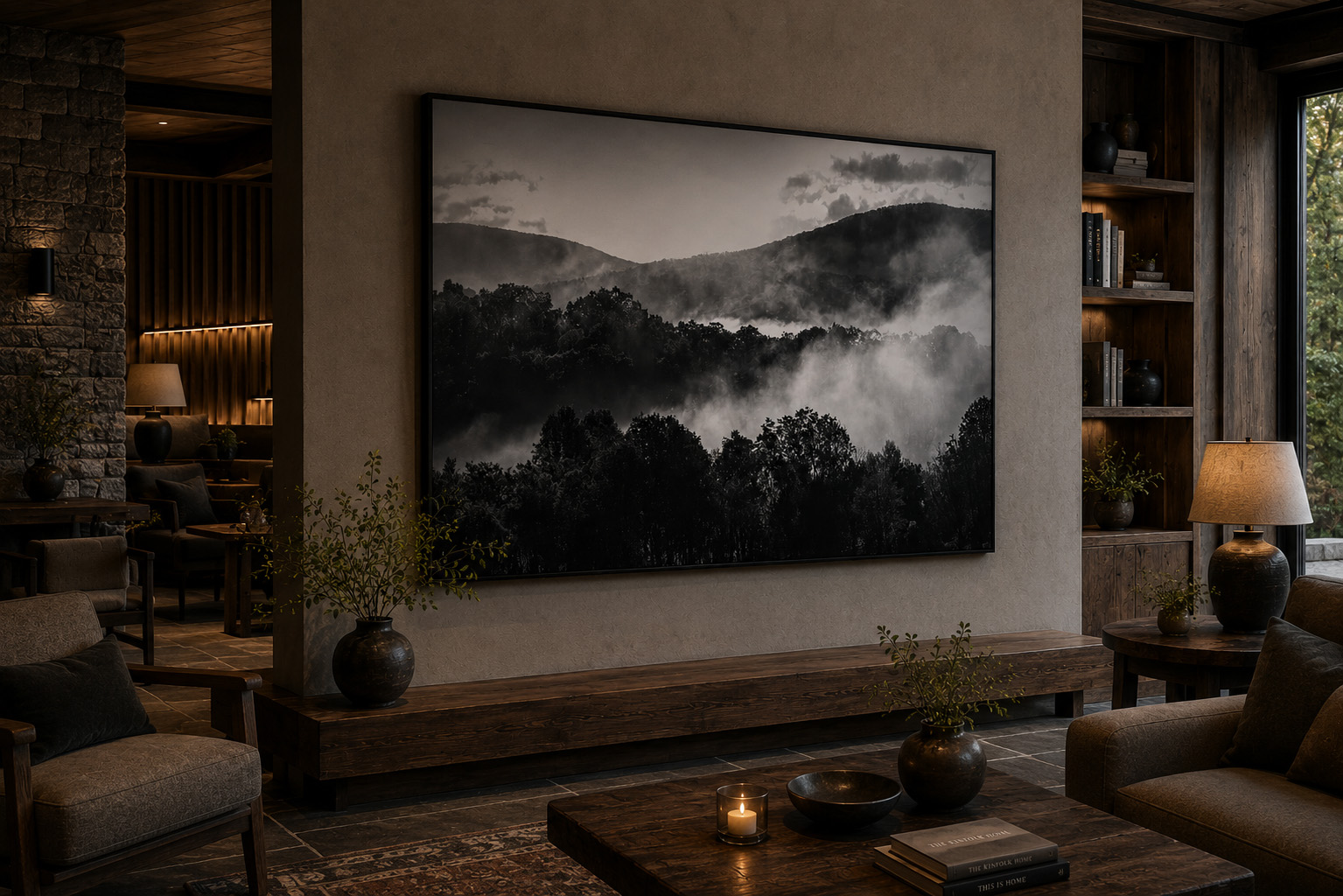 Cades Cove forest fog black and white artwork installed in a boutique lodge lounge by Dan Sproul