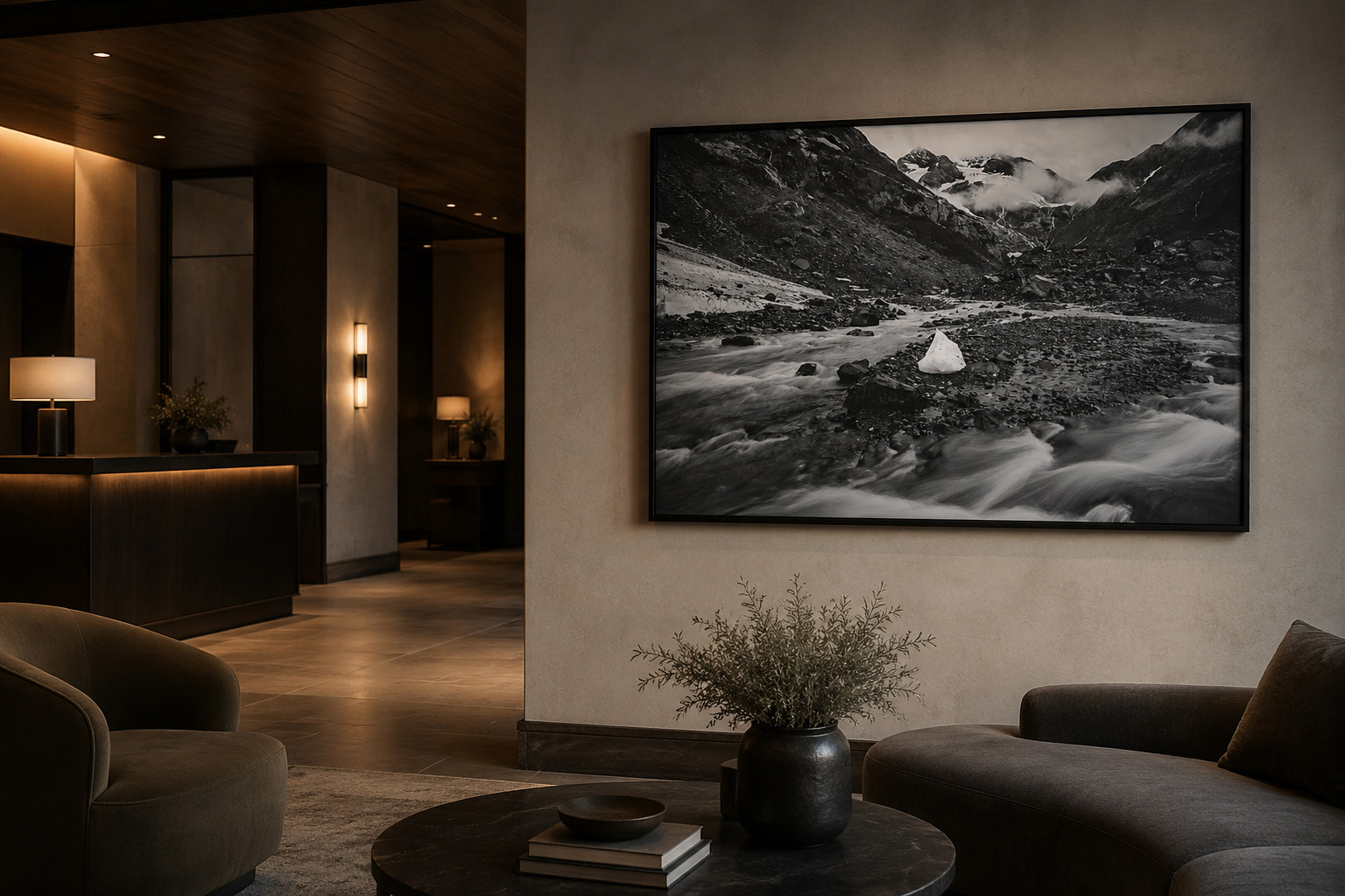 Black and white Byron Glacier landscape artwork installed in a boutique hotel lounge by Dan Sproul