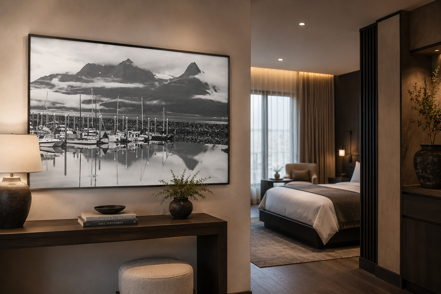 Valdez Alaska harbor black and white artwork installed in a boutique hotel guest suite by Dan Sproul