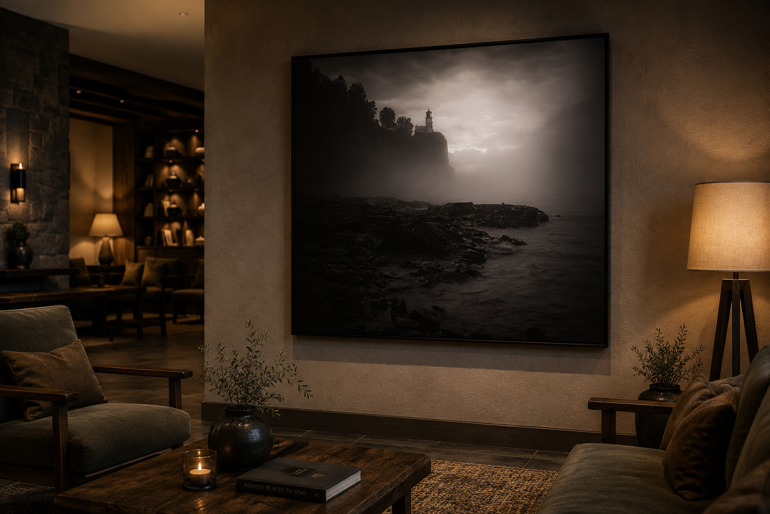 Split Rock Lighthouse black and white artwork installed in a boutique hotel lounge by Dan Sproul