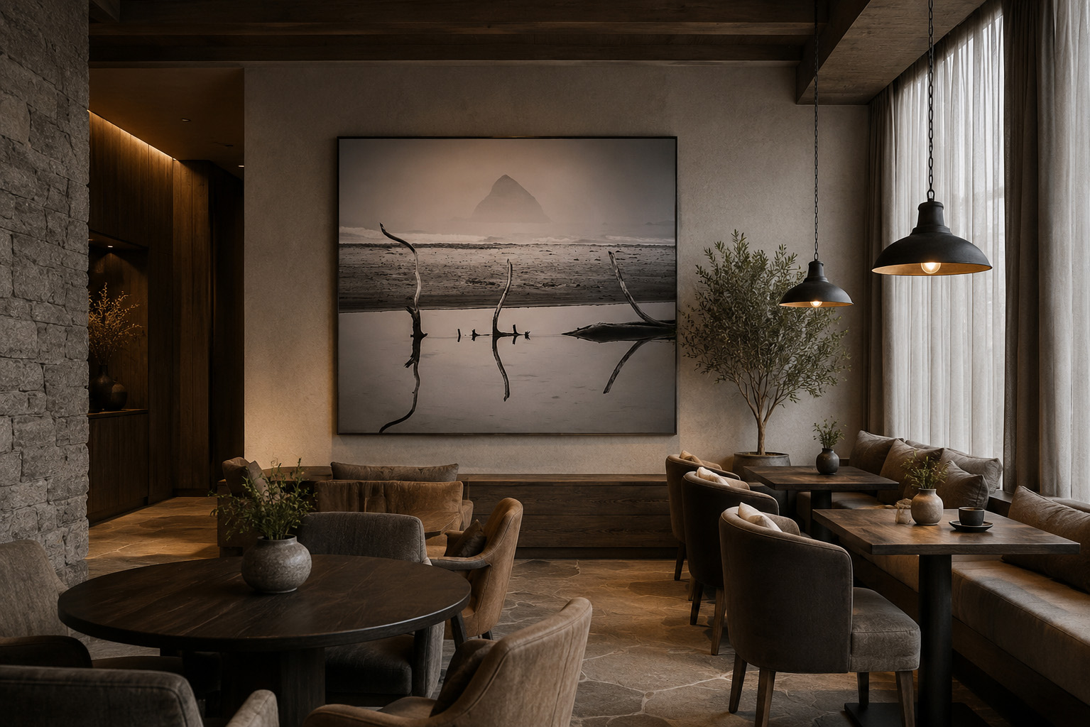 Tunnel Beach Oregon coastal artwork installed in a boutique hotel restaurant by Dan Sproul